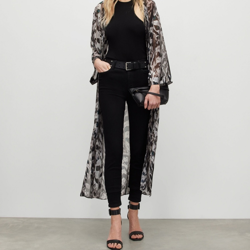 All Saints Black and White Feather Print Kimono